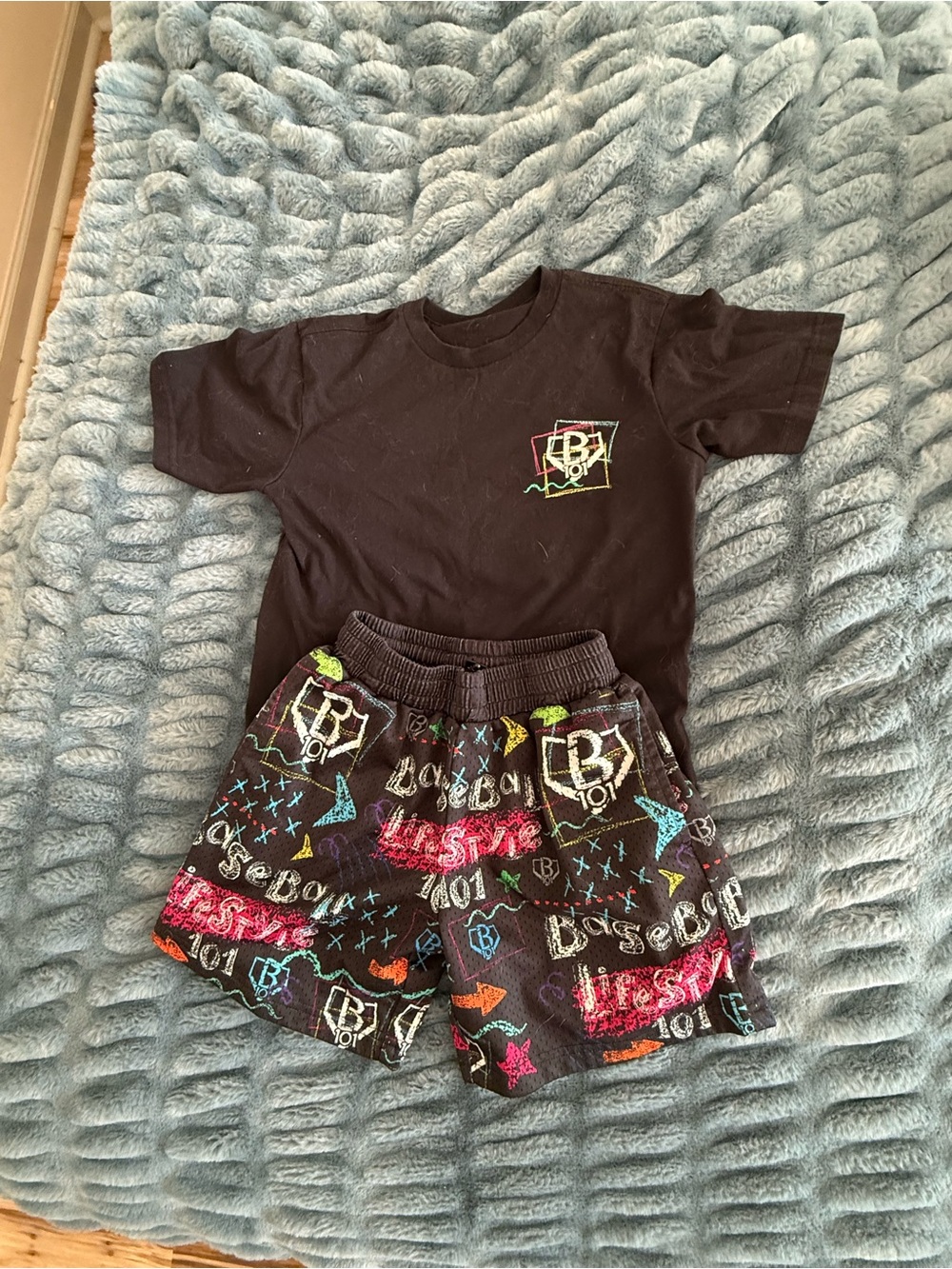 Kids Black Graphic Shorts with Multicolor Chalk Print
